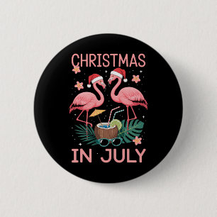 Christmas In July Pink Flamingo With Santa Hat 6 Cm Round Badge