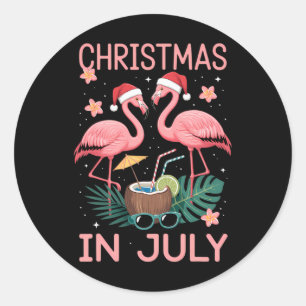 Christmas In July Pink Flamingo With Santa Hat Classic Round Sticker
