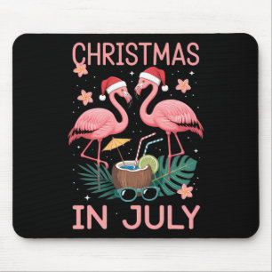 Christmas In July Pink Flamingo With Santa Hat Mouse Pad