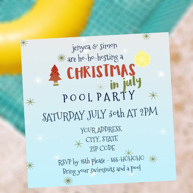 Christmas in July Pool Party Invitation (🍉Ho-ho-hosting a pool party in July? Make it Christmas themed and bring on the watermelons 🍉)
