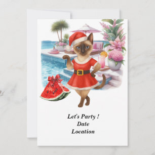 Christmas in July Pool Party  with Santa Cat  Invitation