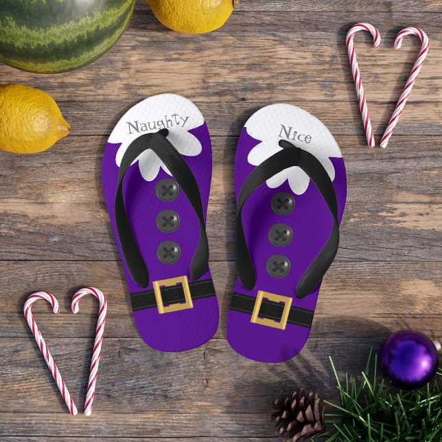 Christmas in July Purple Naughty or Nice Festive Kid's Thongs (For Christmas in July (and the one in December) Have you been naughty and nice?)