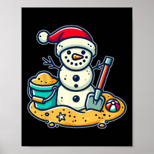 Christmas In July Sand Snowman Santa Hat Shovel Xm Poster