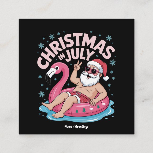 Christmas in July Santa Flamingo Funny Summer Xmas Square Business Card (Front)