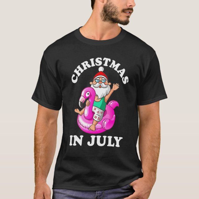 Christmas In July  Santa Flamingo Hawaiian Summer  T-Shirt (Front)