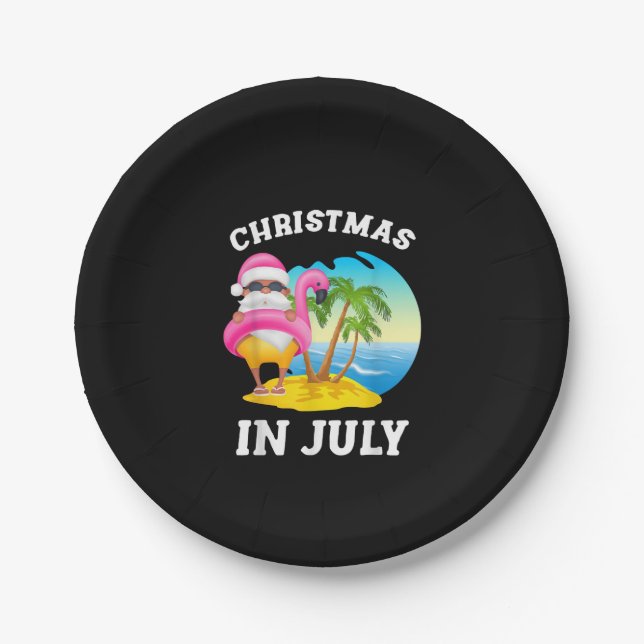 Christmas In July Santa Flamingo Pool Summer Paper Plate (Front)
