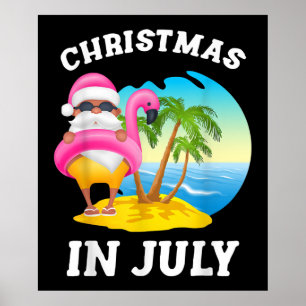 Christmas In July Santa Flamingo Pool Summer Poster