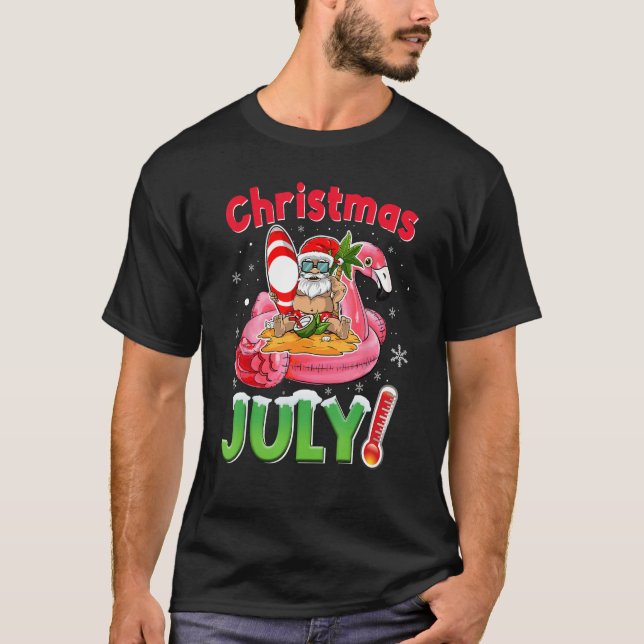 Christmas In July  Santa Flamingo Summer Beach Vac T-Shirt (Front)