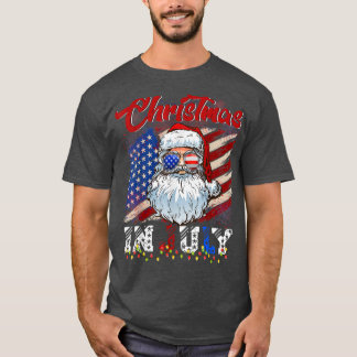 Christmas In July Santa Hat American Flag Summer V T-Shirt