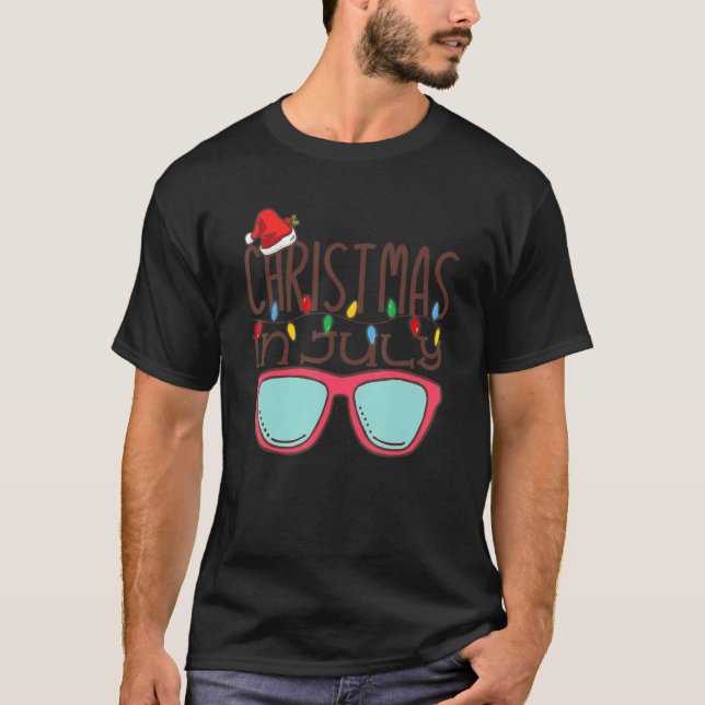 Christmas In July Santa Hat Sunglasses Summer Beac T-Shirt (Front)