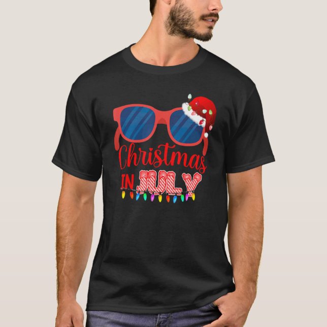 Christmas In July Santa Hat Sunglasses Summer Cele T-Shirt (Front)