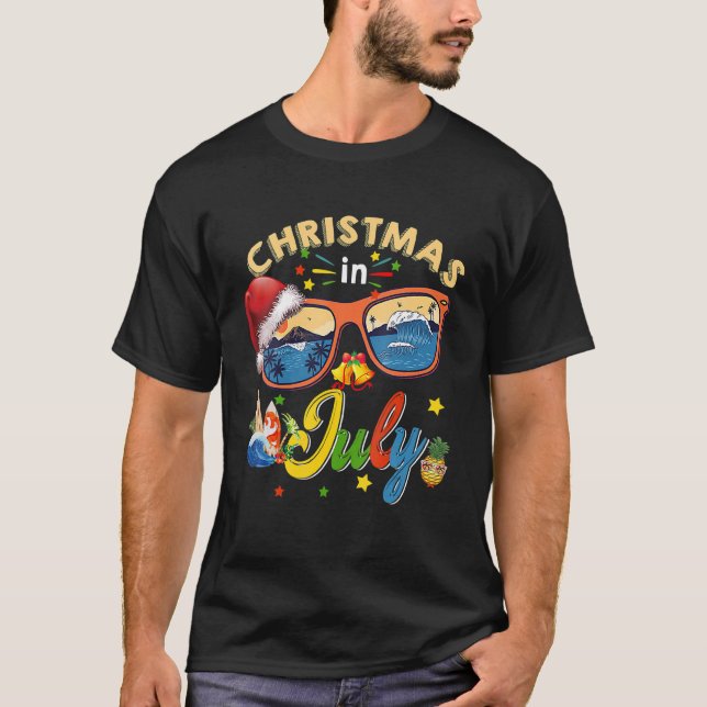 Christmas In July Santa Hat Sunglasses Summer Cele T-Shirt (Front)