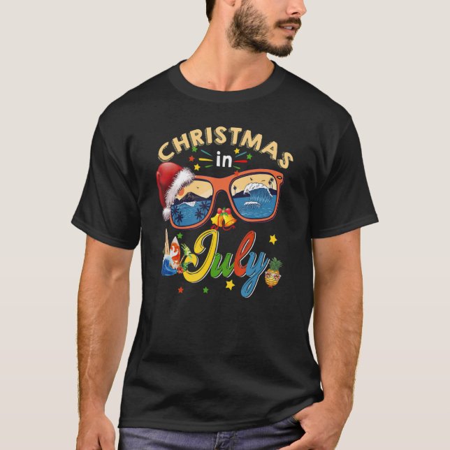 Christmas In July Santa Hat Sunglasses Summer Cele T-Shirt (Front)