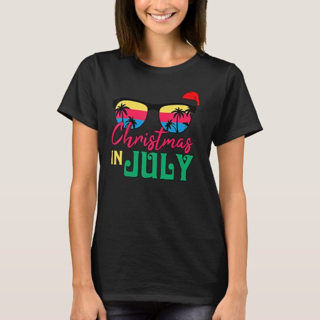 Christmas in July Santa Hat Sunglasses Summer Cele T-Shirt (Front)