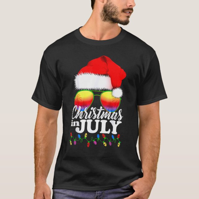 Christmas In July Santa Hat Sunglasses Summer Cele T-Shirt (Front)