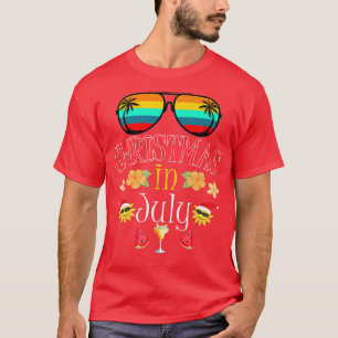 Christmas in July Santa Hat Sunglasses Summer Cele T-Shirt