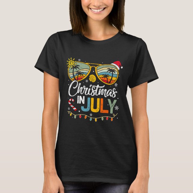 Christmas in July Santa Hat Sunglasses Summer Vaca T-Shirt (Front)