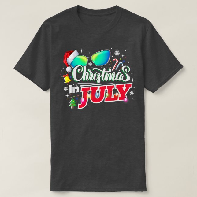 Christmas in July Santa Hat Sunglasses Summer Vaca T-Shirt (Design Front)