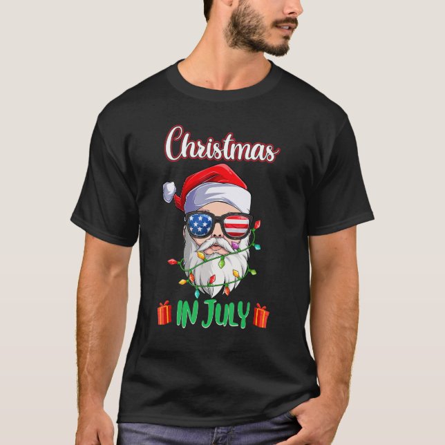 Christmas In July Santa Hat Sunglasses Usa Flag Su T-Shirt (Front)