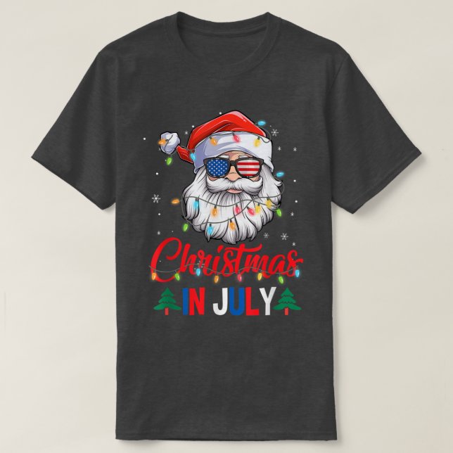Christmas In July Santa Hat Sunglasses Usa Flag Su T-Shirt (Design Front)