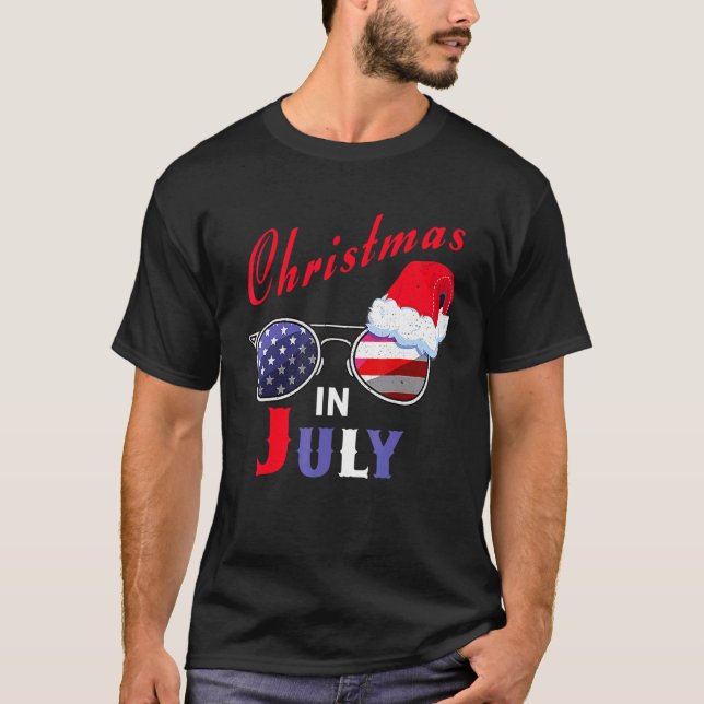 Christmas In July Santa Hat Sunglasses Usa Flag Su T-Shirt (Front)