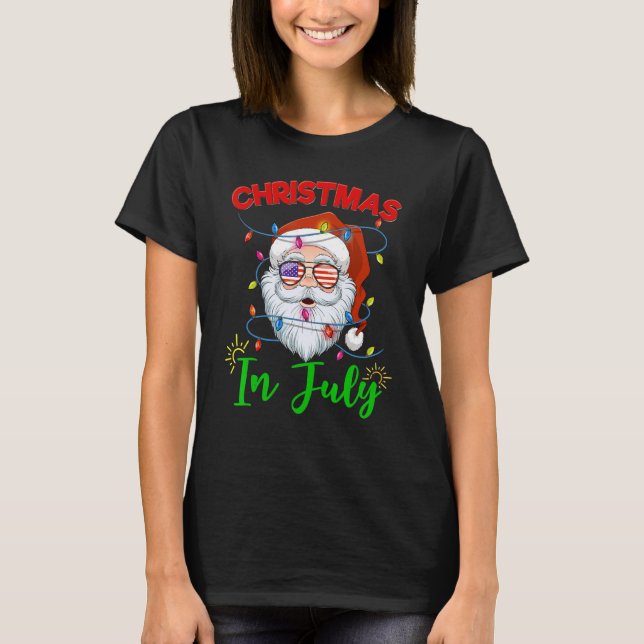 Christmas In July Santa Hat Sunglasses Usa Flag Su T-Shirt (Front)