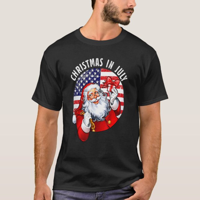 Christmas In July Santa Hat Usa Flag Summer  Party T-Shirt (Front)