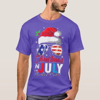Christmas in July Santa Hat USA Flag Sunglasses  T-Shirt