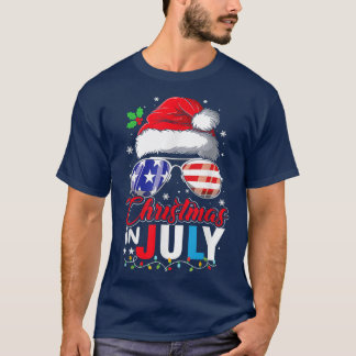 Christmas in July Santa Hat USA Flag Sunglasses  T-Shirt