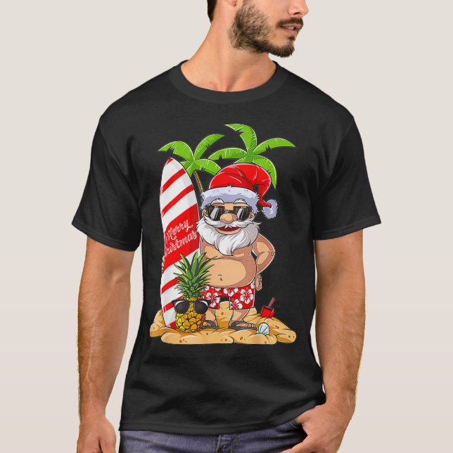Christmas in July Santa Hawaiian Surfing Summer Su T-Shirt (Front)