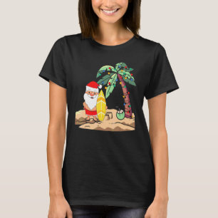 Christmas In July Santa Holding Surf Board On Trop T-Shirt