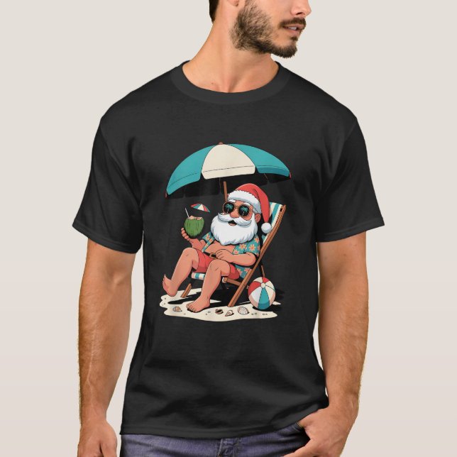 Christmas in July Santa on Beach Funny  T-Shirt (Front)