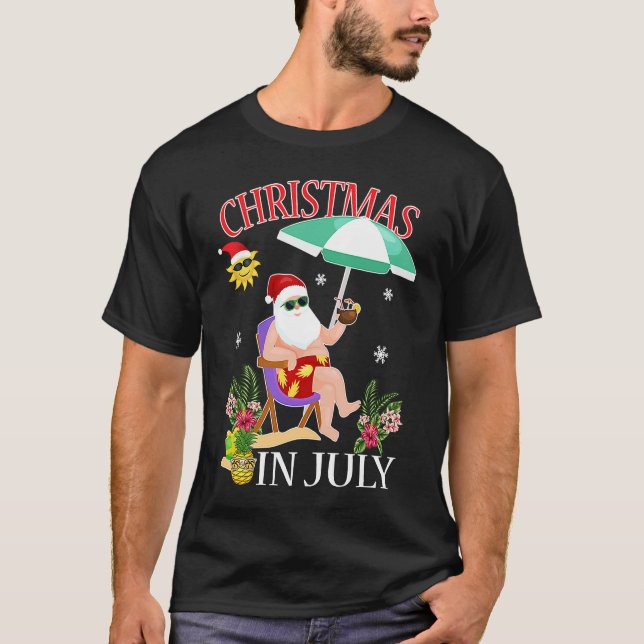 Christmas in July Santa on Beach Independence Day  T-Shirt (Front)