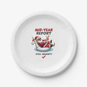 Christmas In July Santa on Unicorn Pool Float Stil Paper Plate