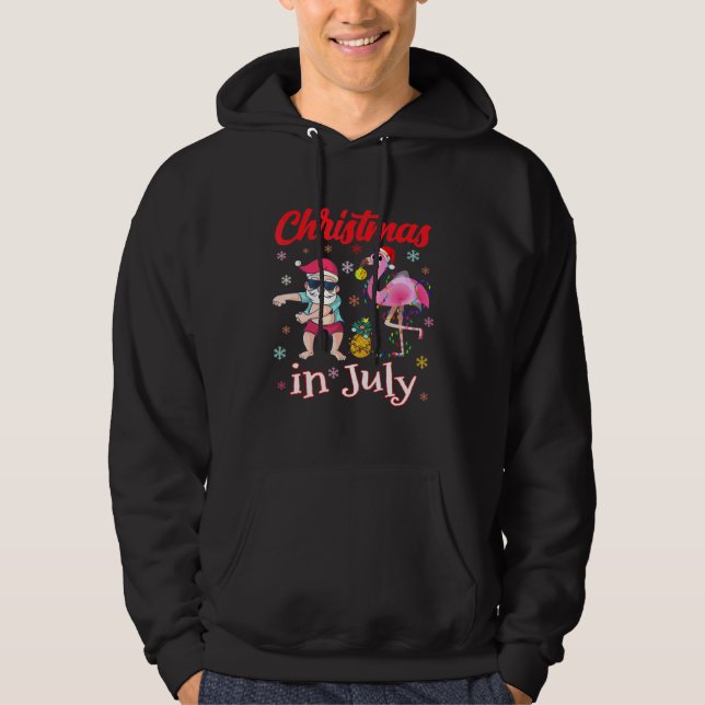 Christmas In July Santa Pink Flamingo Summer Beach Hoodie (Front)