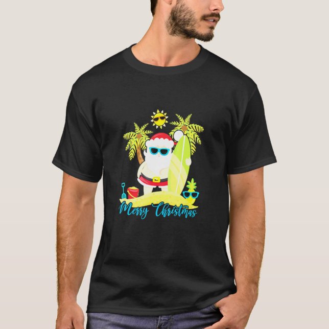 Christmas In July Santa Summer Surfing Beach Surf  T-Shirt (Front)