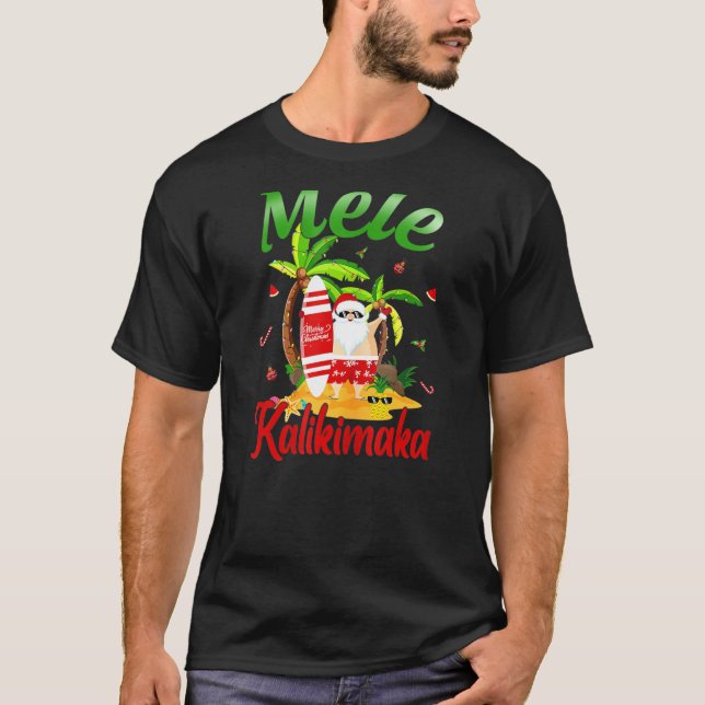Christmas In July Santa Surfing Funny Mele Kalikim T-Shirt (Front)