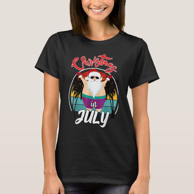 Christmas In July  Santa Surfing Summer Beach Vaca T-Shirt (Front)