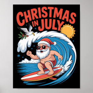 Christmas In July Santa Surfing Summer Fun  Poster