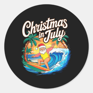 Christmas In July Santa Surfing Summer Hawaiian Ch Classic Round Sticker