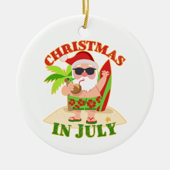 Christmas in July Santa with Surfboard Ceramic Ornament (Front)