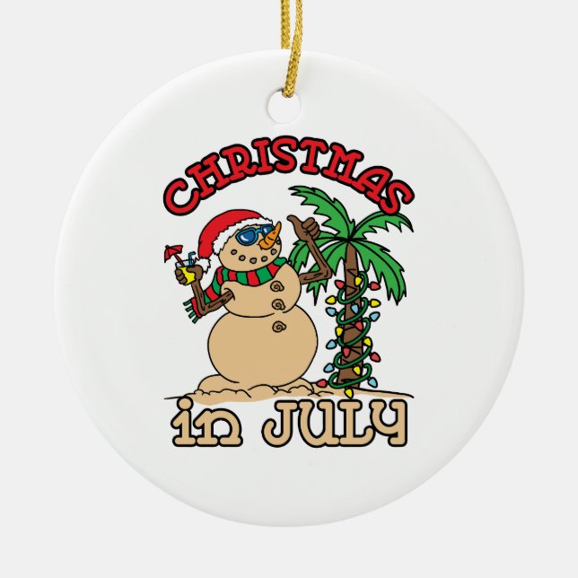 Christmas in July Snowman Sand Beach Ceramic Ornament (Front)