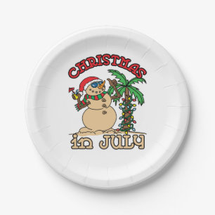 Christmas in July Snowman Sand Beach Paper Plate