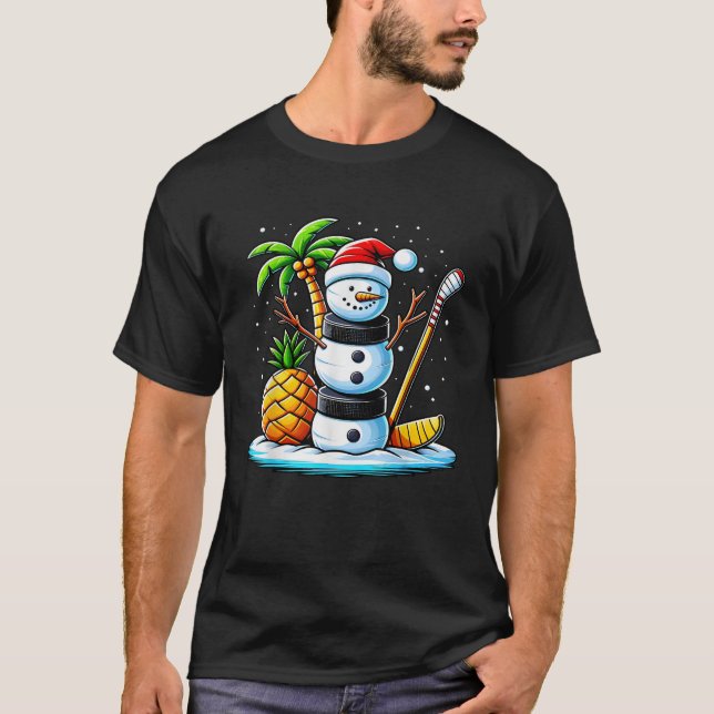 Christmas in July Summer Hockey Snowman Funny Chri T-Shirt (Front)