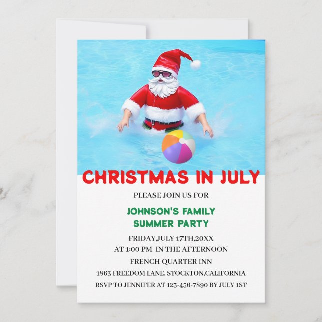 Christmas In July Summer Pool Party  Invitation (Front)