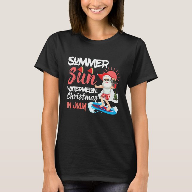 Christmas In July Summer Sun Santa Surfing Waterme T-Shirt (Front)