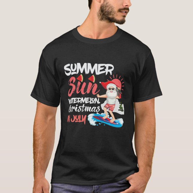 Christmas In July Summer Sun Santa Surfing Waterme T-Shirt (Front)