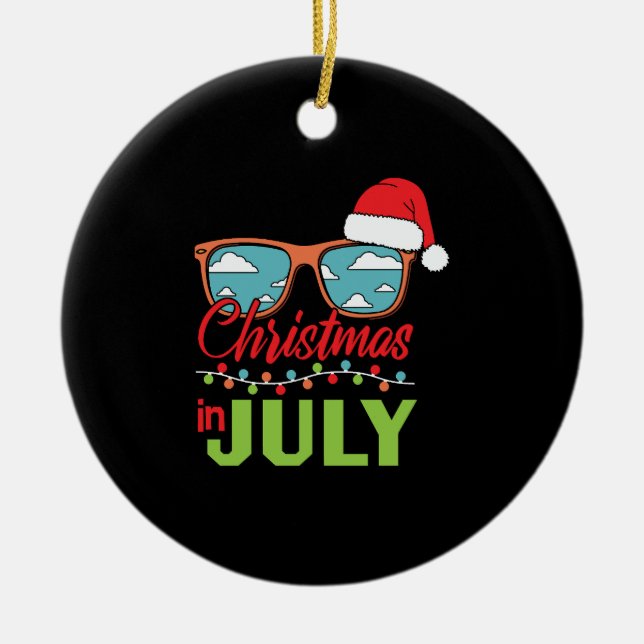 Christmas in july sun glasses with santa hat ceramic ornament (Front)