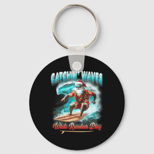 Christmas In July Surfing Santa Catchin Waves Rein Key Ring
