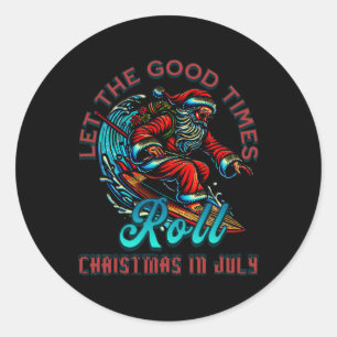 Christmas In July Surfing Santa Claus Beach Xmas S Classic Round Sticker